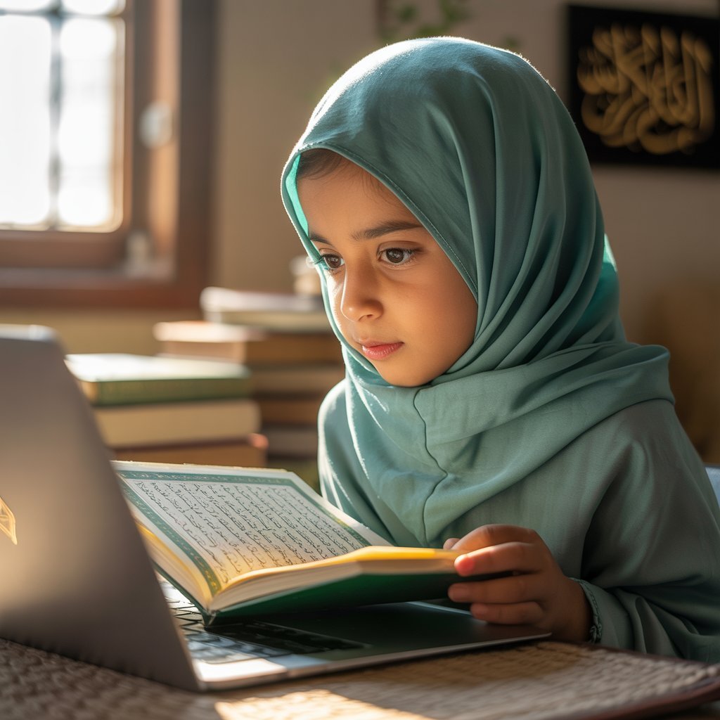 Girl in a hijab reading the Quran at a desk with books