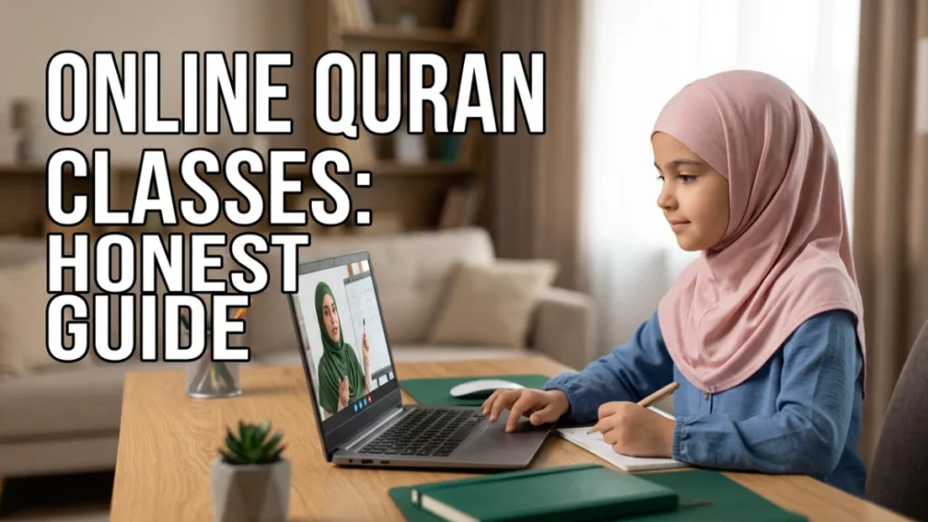 Online Quran classes for kids: girl in a hijab learning from a female Quran teacher on a laptop at home