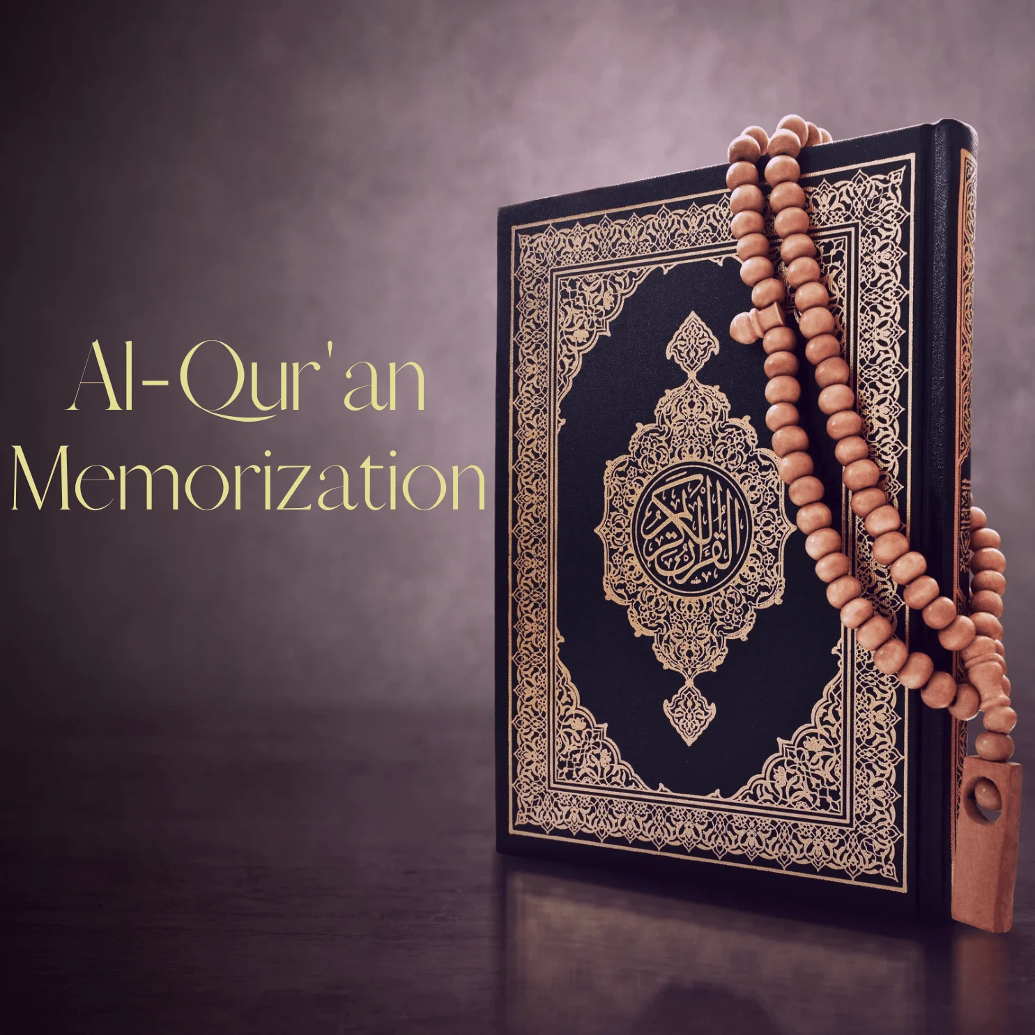 Decorated Quran with prayer beads beside the words Al-Qur’an Memorization, representing the online Quran memorization course