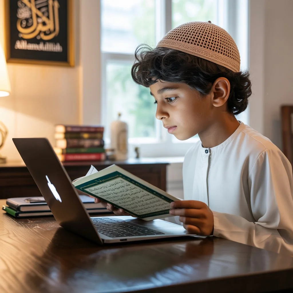 Boy in a white cap studying the Quran on a laptop at a desk
