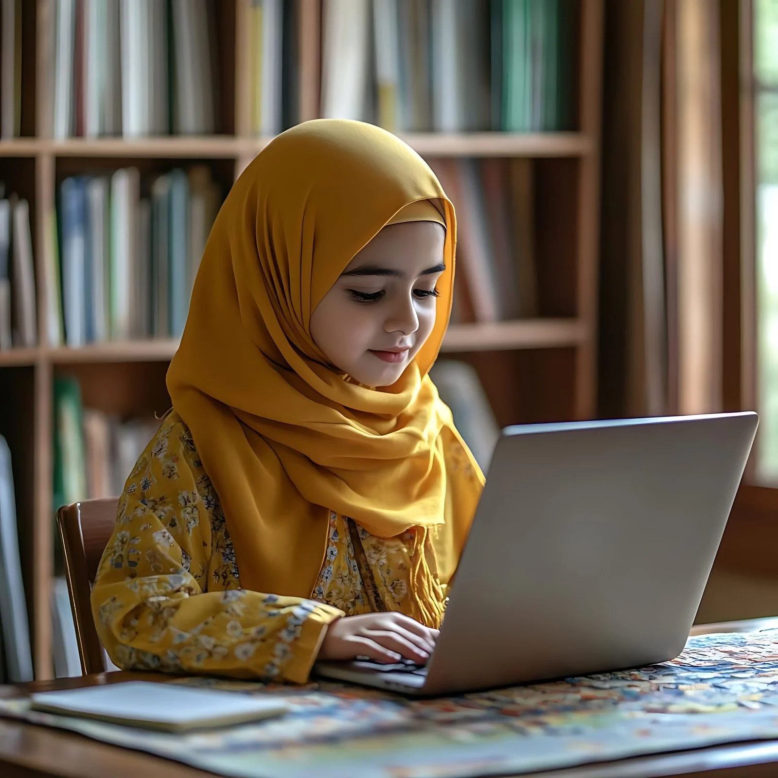 Girl in a yellow hijab reading from a laptop during an online Islamic lesson