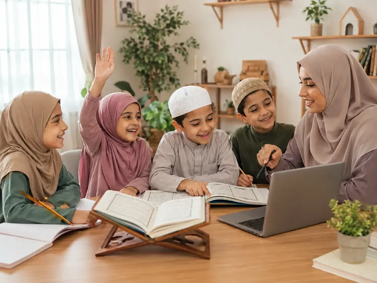 Muslim children and a teacher in hijab studying the Quran together around a laptop